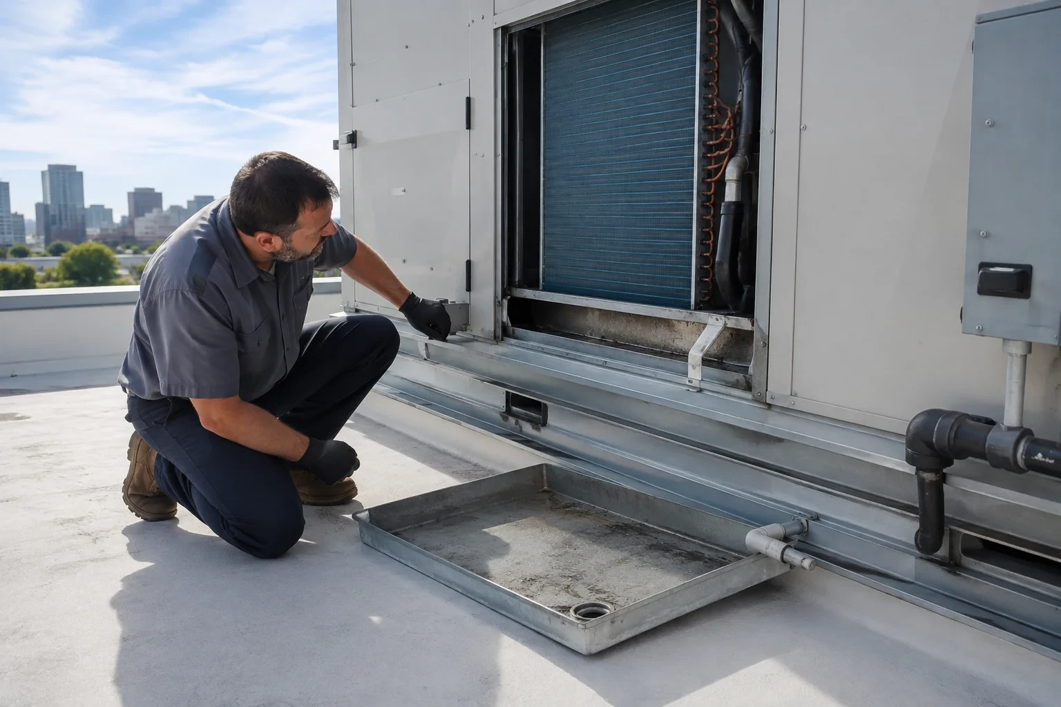 Person kneeling beside an exposed rooftop coil, with a shallow metal drain pan resting in front of the cabinet.
