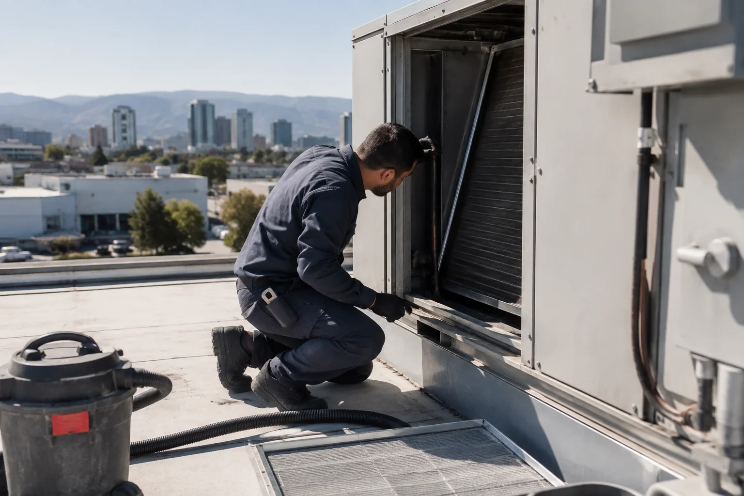 Person kneeling beside an open rooftop air-handling cabinet with an exposed finned panel, a removed filter and a vacuum nearby.