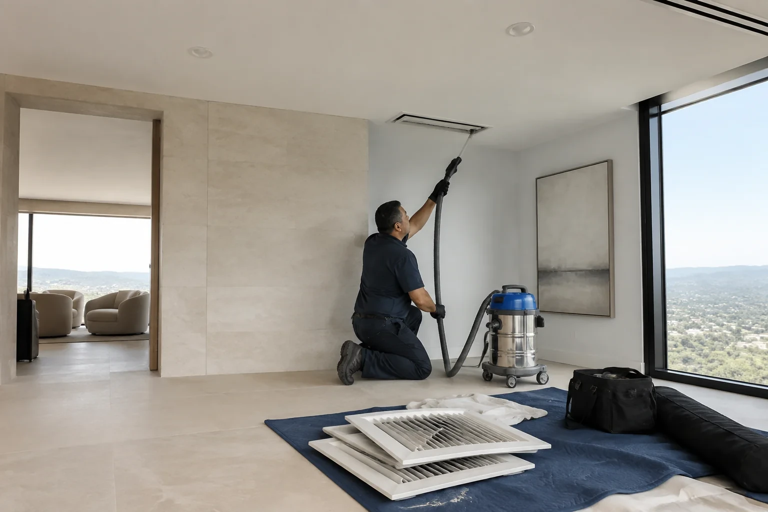 Person holding a vacuum hose up to an open ceiling vent, with removed grilles stacked on a floor covering.
