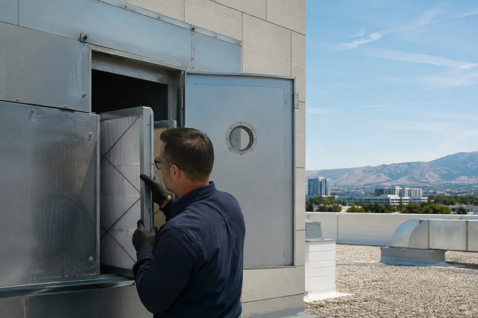 Person holding a rectangular filter at the opening of a rooftop metal equipment cabinet.