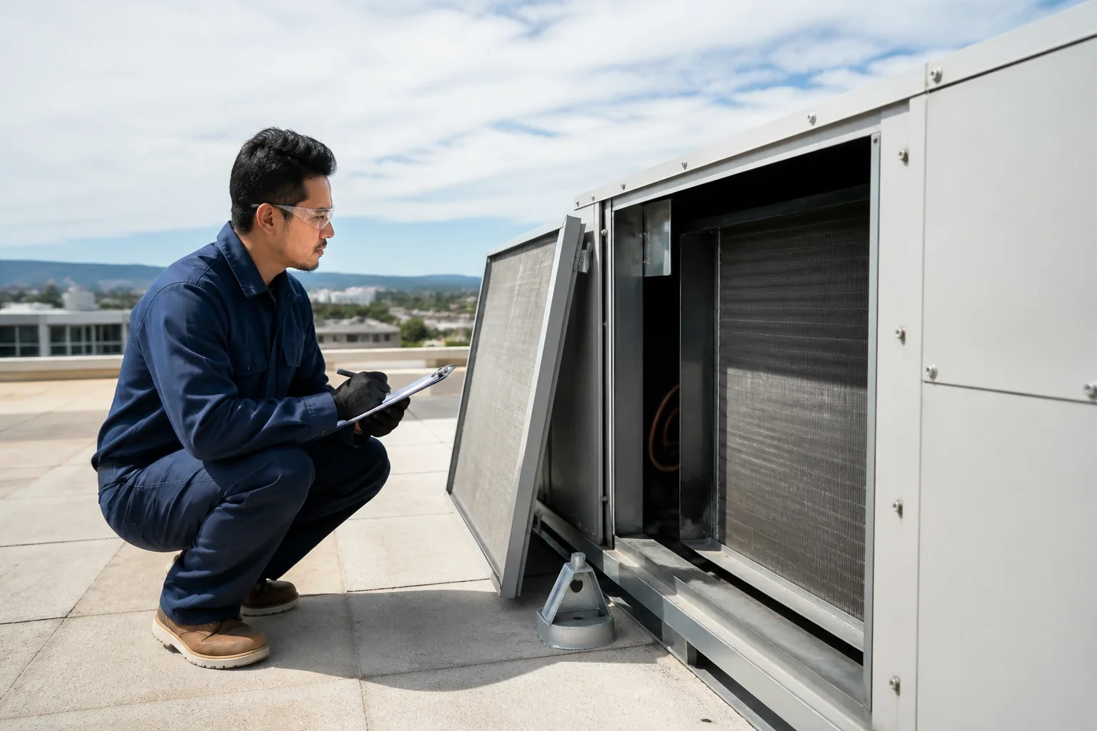 Person holding a clipboard beside an open rooftop air-handling cabinet with a finned panel and a removed filter leaning nearby.
