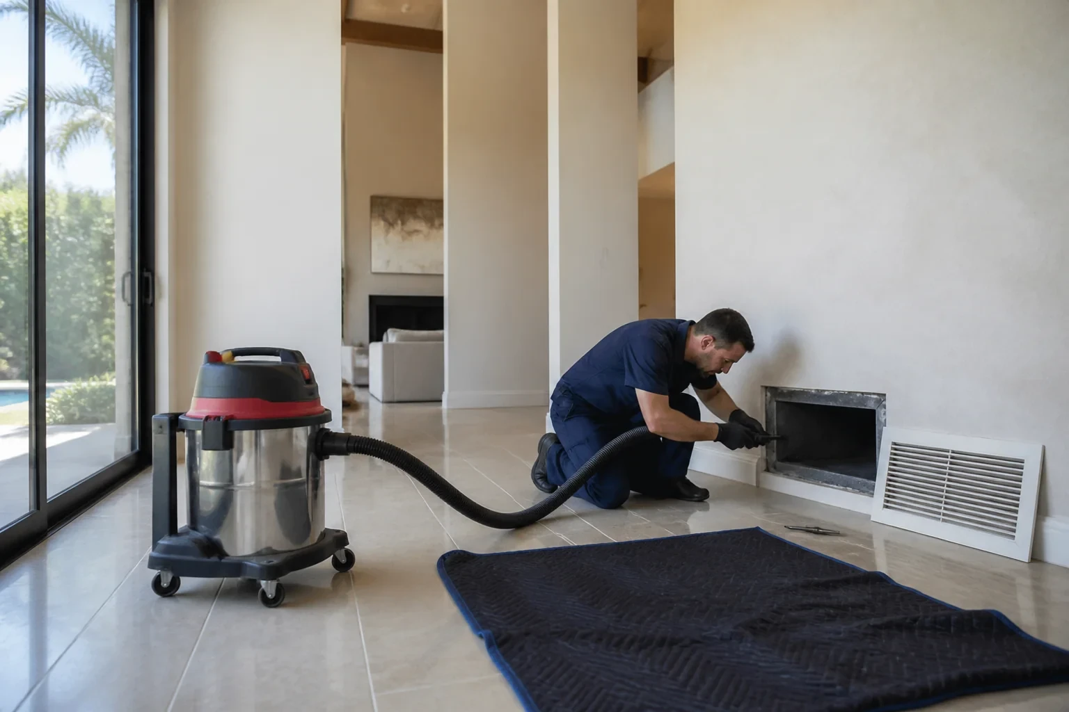 Person guiding a vacuum hose into an open low wall duct, with the removed grille leaning nearby and a padded blanket on the floor.